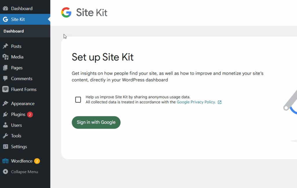 google site kit installation on my wordpress brand site
